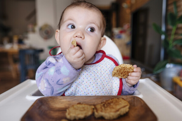 Bebê sentada em cadeirinha comendo biscoitos