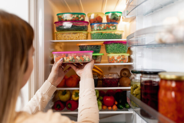 Mulher pegando pote com legumes da geladeira