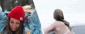 montagem de uma mulher sorrindo e outra em um lago de gelo