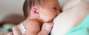 Bebê recém-nascido mamando no peito da mãe