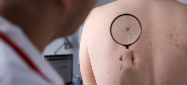 Dermatologista observando marca na pele de paciente com lupa.