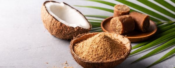Ao fundo, metade de um coco aberto. À frente, casca de coco com açúcar de coco dentro.