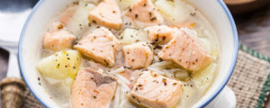 Sopa de queijo branco com salmão