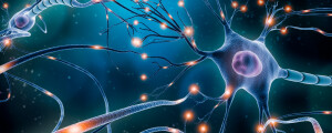 Ilustração das terminações nervosas do cérebro sinalizadas com luz avermelhada com fundo escuro e tons de verde e azul